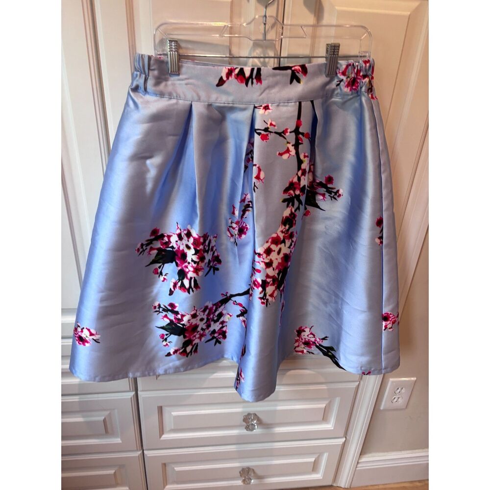 Allegra K Cherry Blossom Floral Satin Skater Skirt Blue Pink Size L NWT